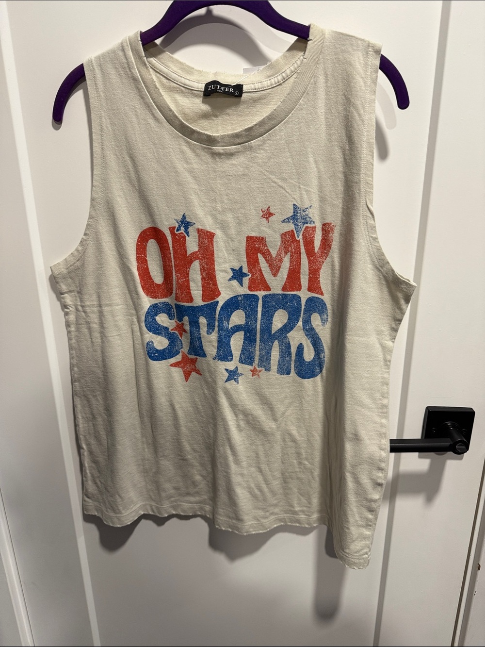 ‘Oh My Stars' Distressed Graphic Muscle Tee - Cream, Red & Blue New